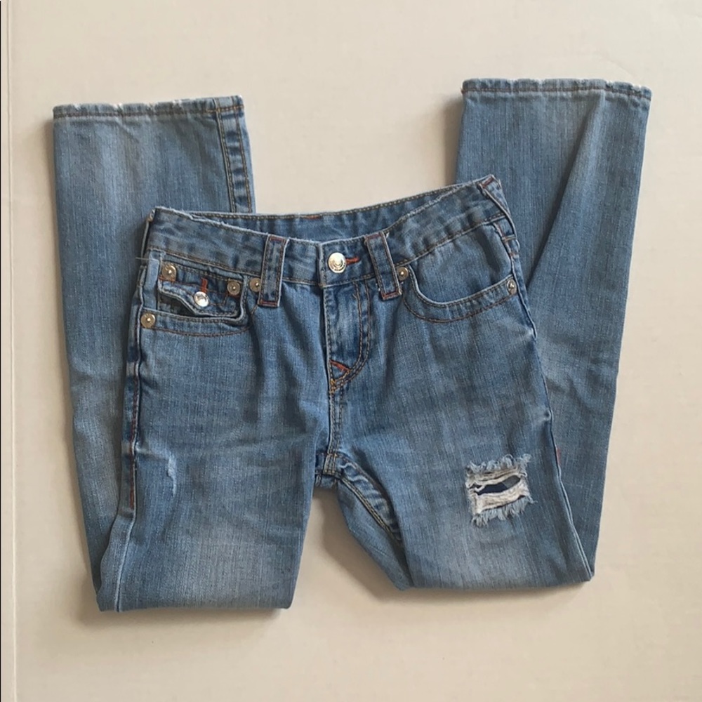 True Religion Straight Leg Distressed Blue Jeans
